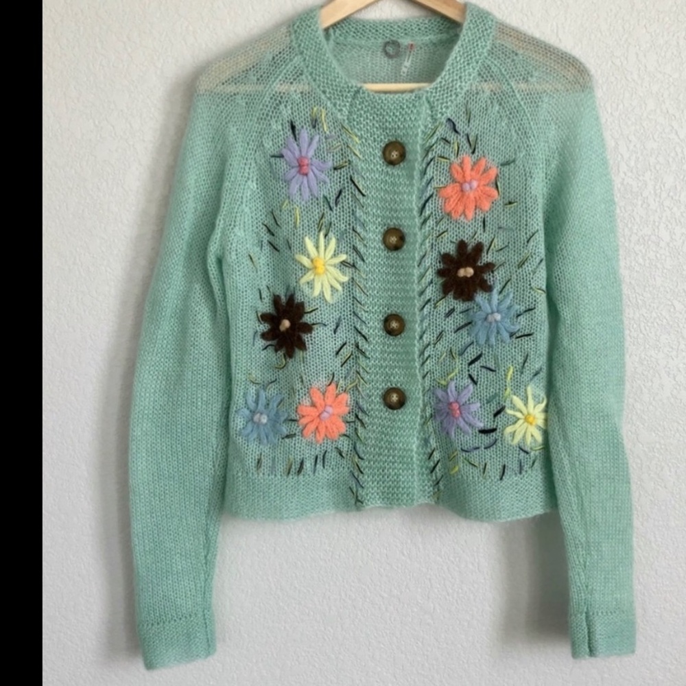 Anthropologie x One Girl Who Floral Embroidered Mohair Cardigan Sweater Mint XL
